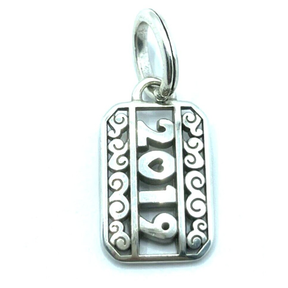 Brighton 2019 Year Rectangle Scrolls Cutout Anniversary Pendant Silver Charm